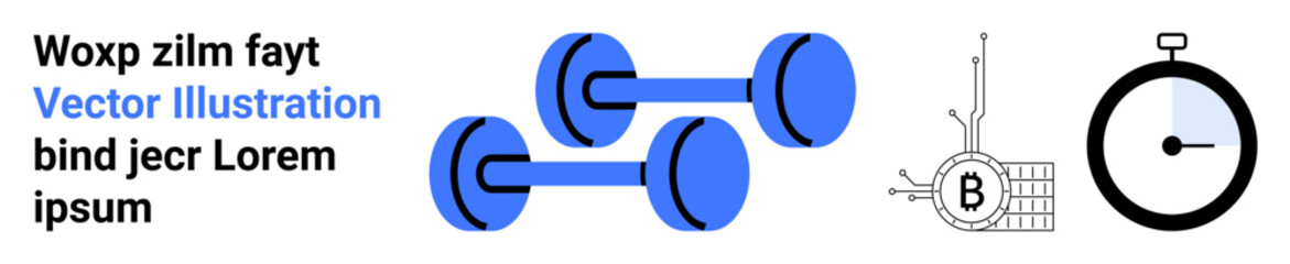 Blue dumbbells symbolize fitness, blockchain technology icon represents cryptocurrency, and stopwatch denotes time management. Ideal for fitness, tech, finance, productivity, time tracking, health