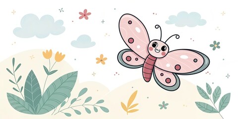 Naklejka premium minimalist cute cartoon butterfly wildlife background