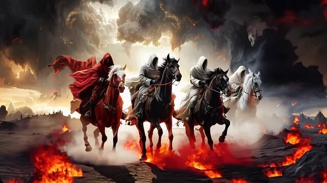 Prophetic vision: four horsemen of apocalypse representing conquest, war, famine, death, embodying harbingers of judgment, transformation in biblical lore, signifying impending change, chaos.