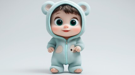Cute Baby Cartoon Character in Blue Bear Onesie