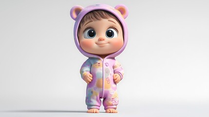 Cute Cartoon Baby in Pink Pajamas with Bear Ears