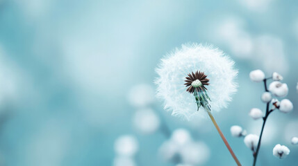 Obraz premium Explore the ethereal beauty of a dandelion seed head against a soft blue background in nature photography