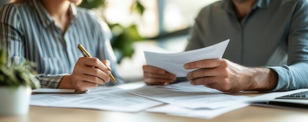 Couple meeting with mortgage advisor, reviewing paper documents for savings options, realistic lighting