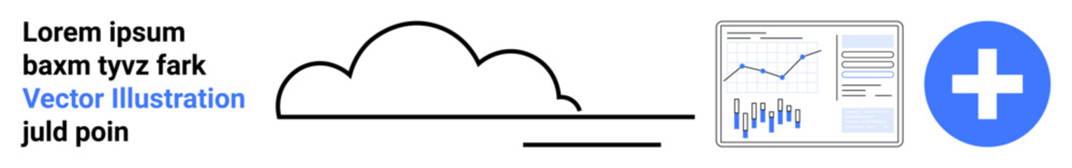 Cloud icon, bar and line charts, blue medical cross symbol. Ideal for data analysis, cloud computing, business intelligence, data storage, medical applications, and tech solutions. Landing page