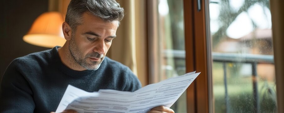 Man reading through mortgage paperwork by window, considering savings options, realistic details