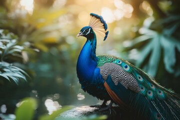 Obraz premium Beautiful Peacock Bird Sitting on a Rock in the Forest
