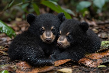 Obraz premium Two Adorable Black Bear Cubs Huddle Together in the Forest