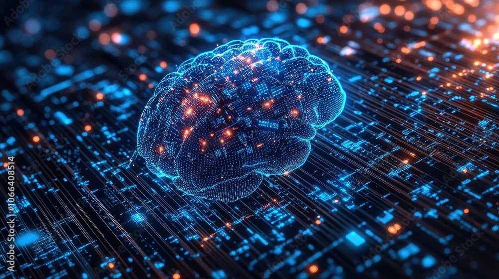 Wall mural futuristic digital brain with neural network connections and glowing circuitry in a high-tech enviro