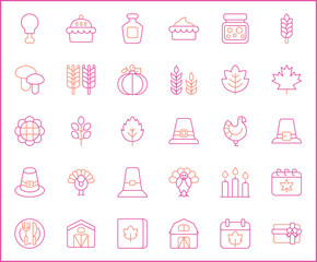 Set of Thanksgiving Icons line style. Contains such Icons as autumn, food, drink, celebration, Pilgrims, decorations, farming, gifts, nature, produce And Other Elements.