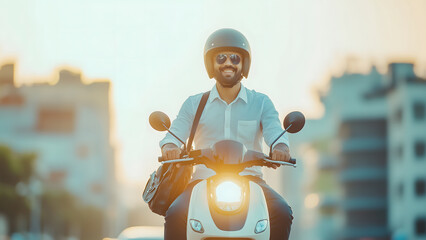 Happy young Indian man riding a scooter wearing helmet in urban city. Smiling job employee going home after work