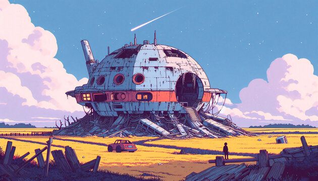 abandoned space cargo in grassland.