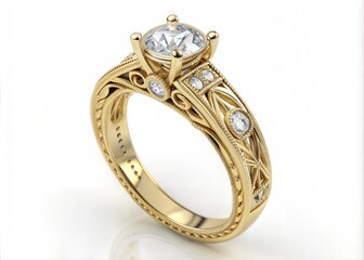 3D Golden Wedding Engagement Commitment Ring isolated on white background