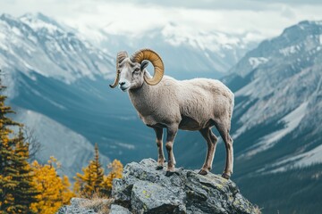 Naklejka premium Bighorn Sheep on Mountain Peak with Dramatic Landscape