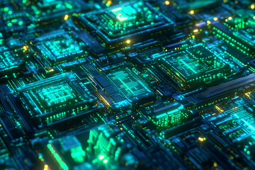 Fototapeta premium Futuristic geometric grid pattern, in style of sci-fi digital art, 3D wireframe visuals with glowing neon blue and green circuits, complex shapes overlapping, immersive, high-tech, intricate, sleek