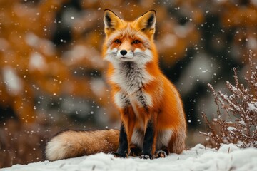 Red Fox Sitting in Snow with Blurry Background