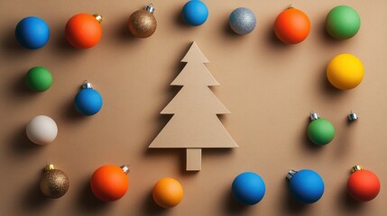Handcraft composition of origami colored balls and a Christmas tree cut out of beige cardboard with copy space. Flat lay