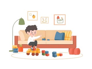 Flat Vector Illustration of Child Playing with Toys on Living Room Floor, Warm Cozy Atmosphere, Soft Furnishings, Happiness, Innocence, Joy of Childhood, Home Comfort Concept