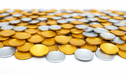 Obraz premium Scattered gold and silver confetti with subtle motion blur on white background