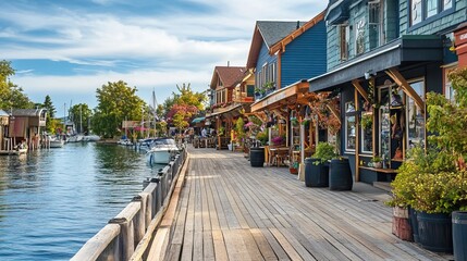 A charming waterfront boardwalk with shops and restaurants