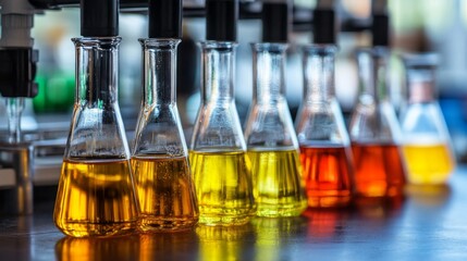 A series of laboratory flask with colorful liquids, indicating various chemical experiments.