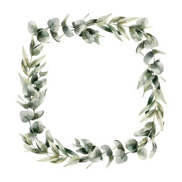watercolor eucalyptus leaves square frame clip art preview