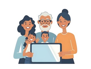 Flat Family Video Calling Grandparents Tablet Illustration Candid Family Connection Joyful Expressions Digital Bonding Technology Across Distances Vector Graphic