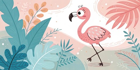 minimalist cute cartoon flamingo tropical background
