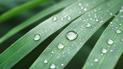 Naklejka premium Discover the natural beauty of dewdrops on lush green leaves in a vibrant tropical setting