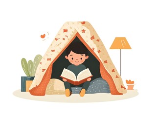 Flat Child Reading Book Under Blanket Fort, Cozy Living Room Scene, Candid Shot of Engrossed Child, Imaginative Play Concept, Soft Glow Lamp, Vector Illustration of Joy and Comfort