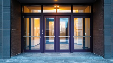 Obraz premium Contemporary entrance featuring dark purple doors with glass insets.