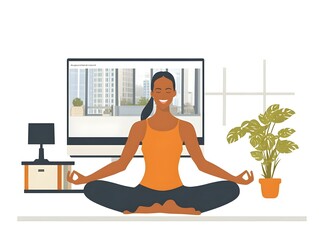 Virtual Yoga Class Woman Home Office Break Relaxed Smiling Candid Image Balancing Happiness Work Home Smart Business Illustration