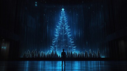 Obraz premium Silhouetted figure gazing at a luminous, futuristic Christmas tree display in a dimly lit room, creating an awe-inspiring spectacle.