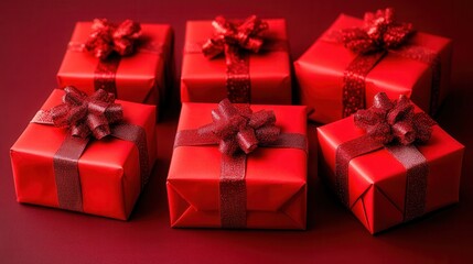 Obraz premium Six beautifully wrapped red gift boxes with bows displayed on a red background, perfect for holiday celebrations or special occasions.