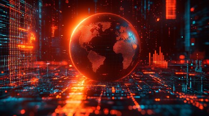 Interconnected Globe with Digital Lines and Data Flow