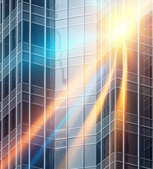 A modern glass skyscraper with sun rays shining through the windows.