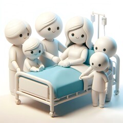 3D Icon Candid Family Caregivers Holding Hands Around Hospital Bed Emotional Support Unity Concept White Background