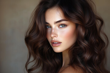 Fototapeta premium A close-up of a woman with long, wavy hair and captivating eyes, captured in soft natural light