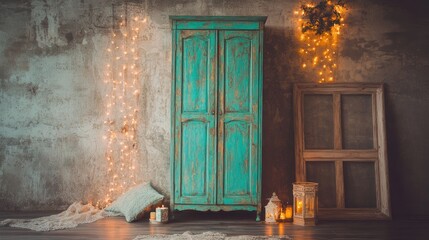 Vintage Chic Distressed Wardrobe with Warm Lighting