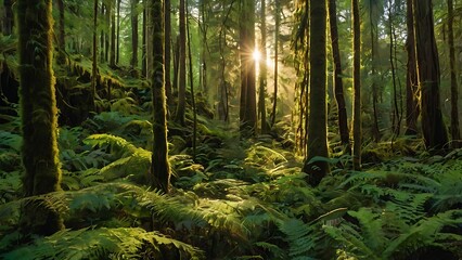 Obraz premium Sunlight filtering through a dense mossy forest with ferns