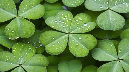 Fototapeta premium Explore the beauty of dew-kissed clover leaves in nature's lush greenery