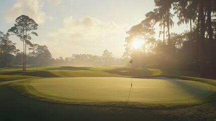 Fototapeta premium A serene golf course at sunrise, showcasing a well-maintained green and tranquil surroundings.