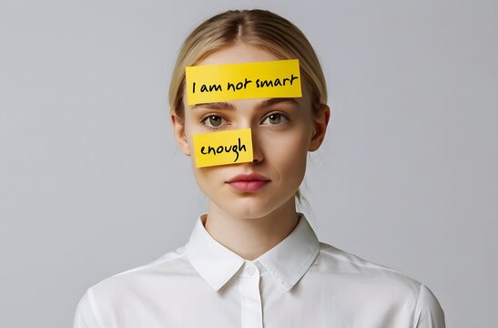 Woman with stick note on forehead and cheek - I am not smart enough - concept of Self-doubt or lack of confidence regarding self and abilities - feeling insecurity, awareness of one own limitations