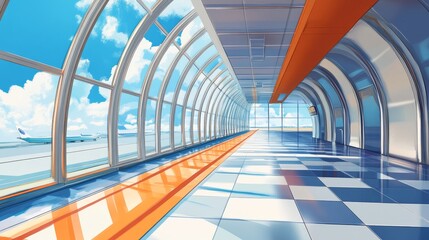 A bright, modern airport terminal with large windows and a spacious walkway.