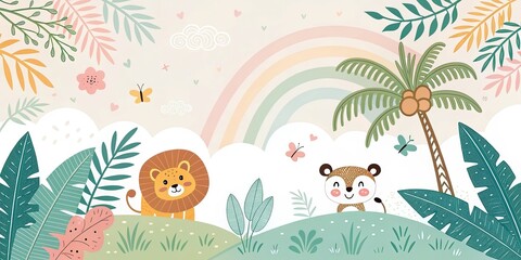 Obraz premium minimalist cute cartoon rainforest background