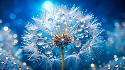 Fototapeta premium A Delicate Dandelion Seed Head Adorned with Dew Drops, Captured Against a Vibrant Blue Background