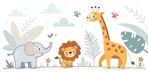 Obraz premium minimalist cute cartoon safari animals background