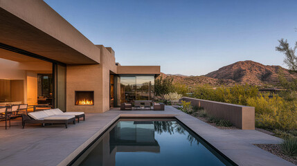 Fototapeta premium Modern luxury home with pool and mountain view at sunset in a desert landscape