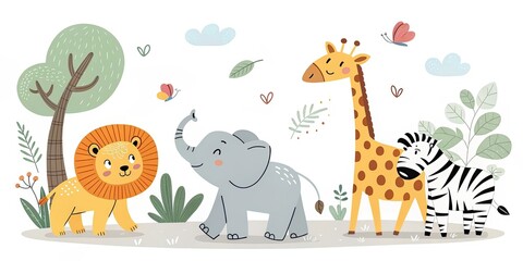 minimalist cute cartoon safari animals background