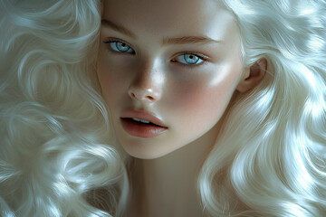 Fototapeta premium Young woman with striking features and long, wavy white hair poses against a soft background