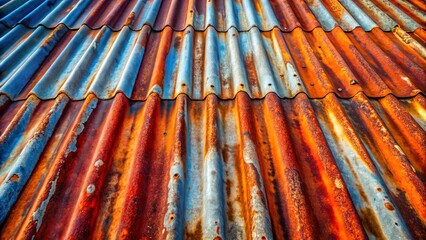 A textured metal surface with a wave-like pattern, showcasing the vibrant colors of fading rust and faded blue paint, creating an abstract composition.